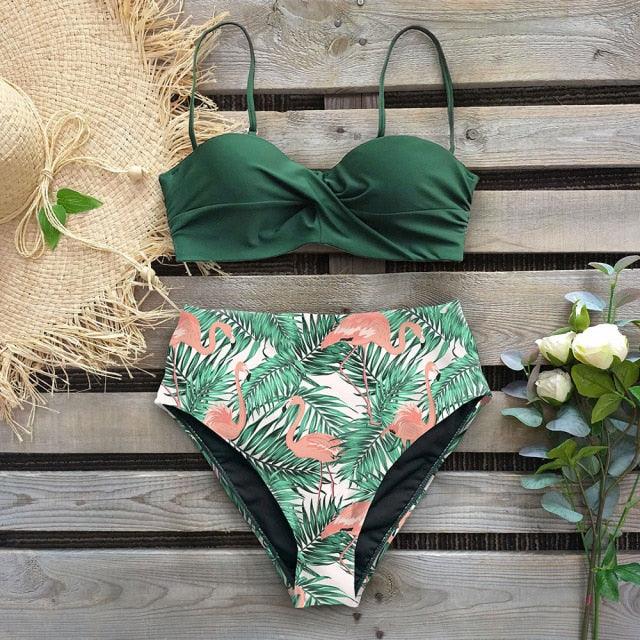 High Waist Bikini Set Women Bikini Flower Swimwear Women High Waist Bikini Halter Two Piece Bathing Suits Tummy Control Swimsuit Push Up Swimwear Vintage Halter Neck Swimsuit Female Green Bathing Suit