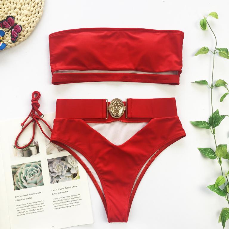Bandeau Bikini sexy Hollow Out Cutout out swimsuit Women Solid push up swimwear women Bathing suit